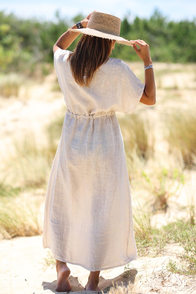 Beige linen maxi shirt dress