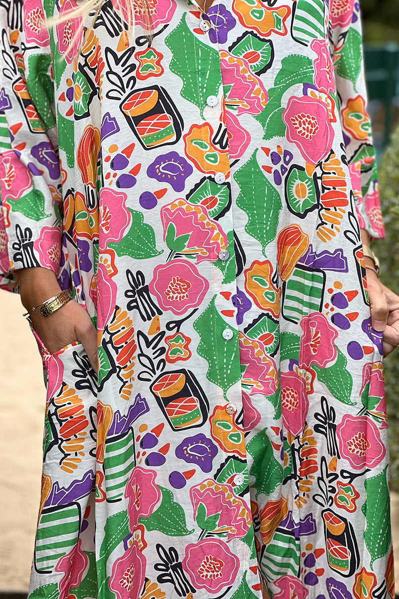 Pink and Green Floral Citrus Splash Maxi Dress