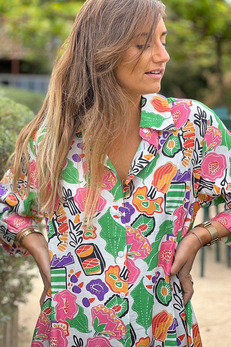 Pink and Green Floral Citrus Splash Maxi Dress