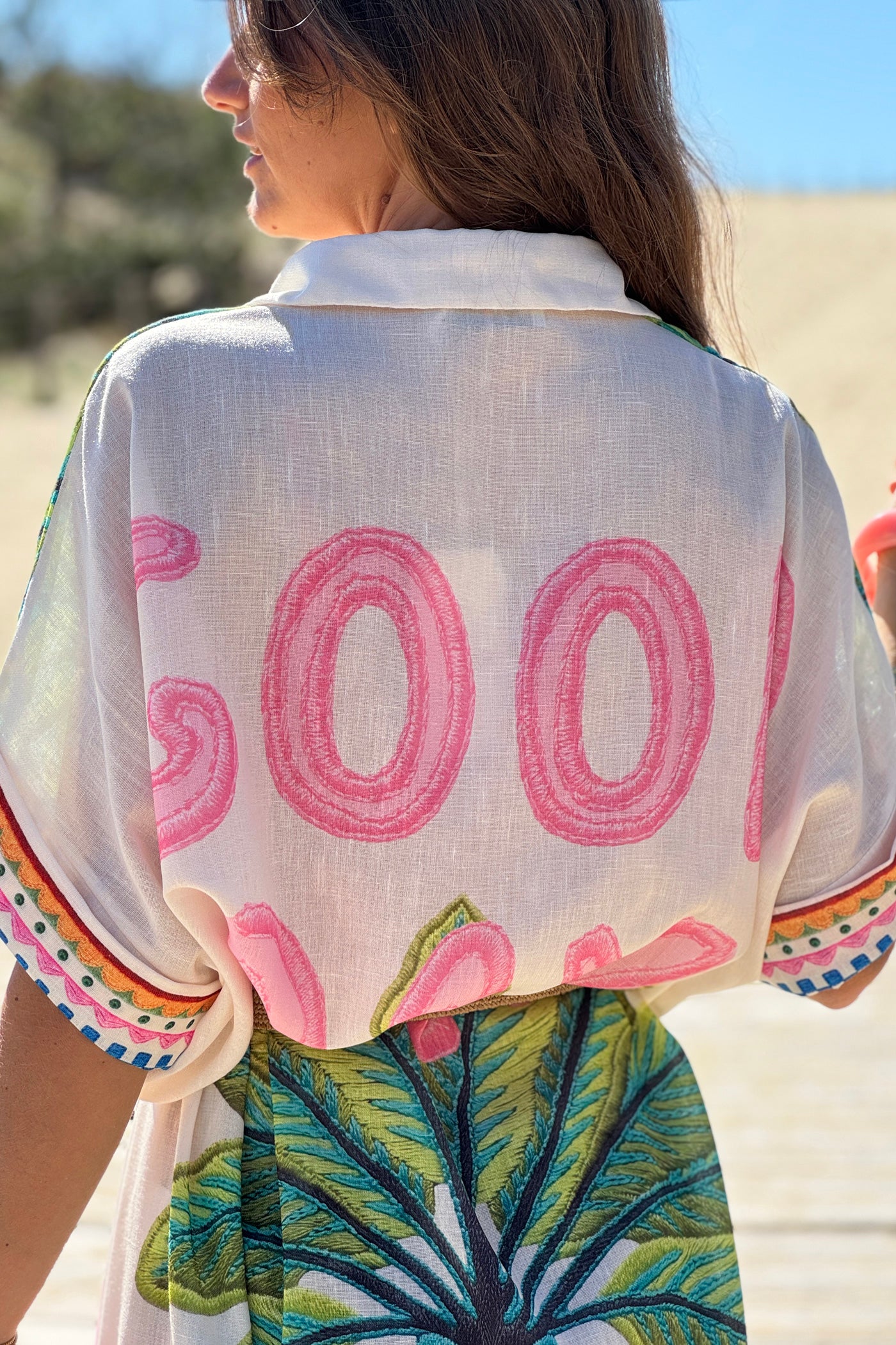 Beige Flirty Flamingos Button-Down Caftan