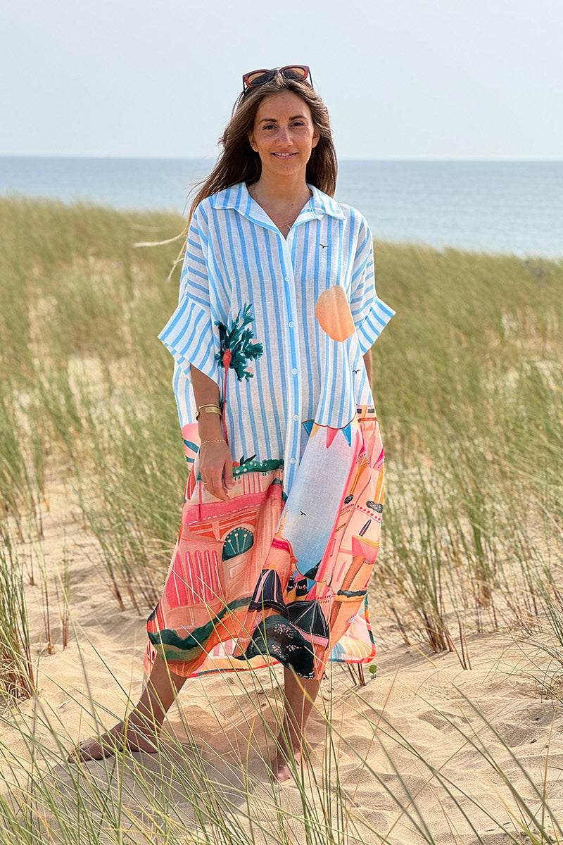 Robe chemise longue et large blanche imprimé Italie pastel rayures bleues