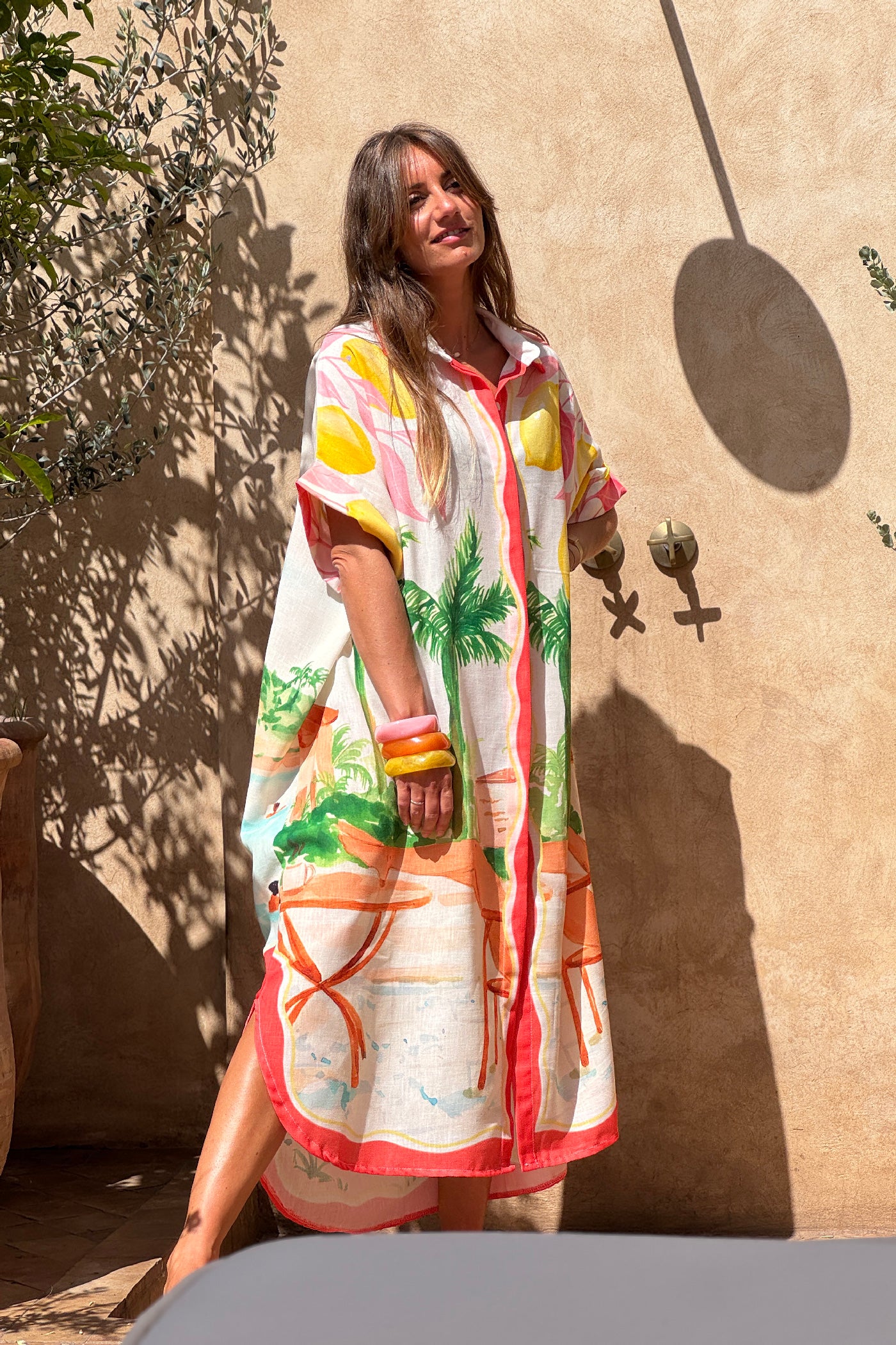 Robe chemise longue et large en coton imprime Vacances surfeurs et citrons