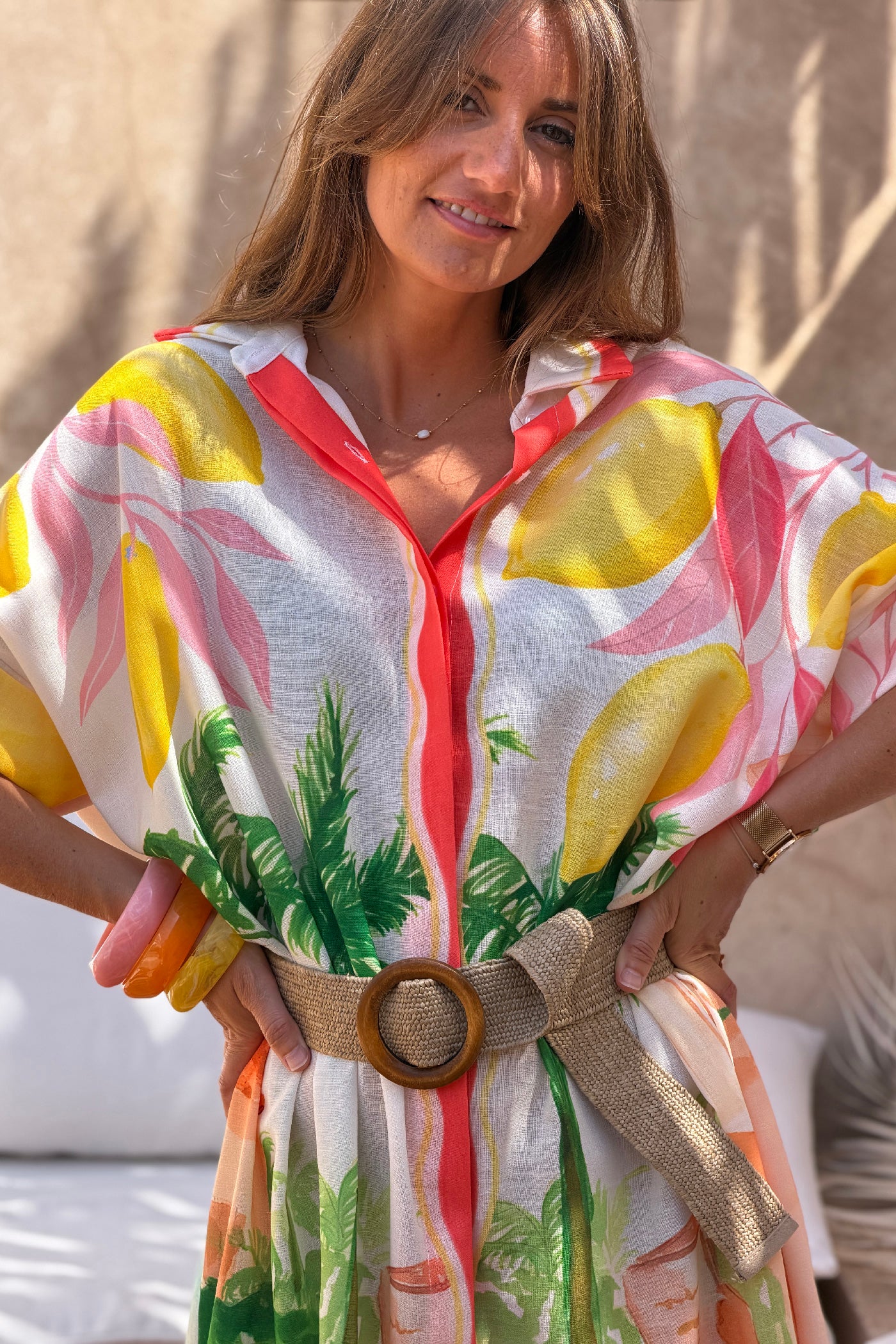 Robe chemise longue et large en coton imprime Vacances surfeurs et citrons