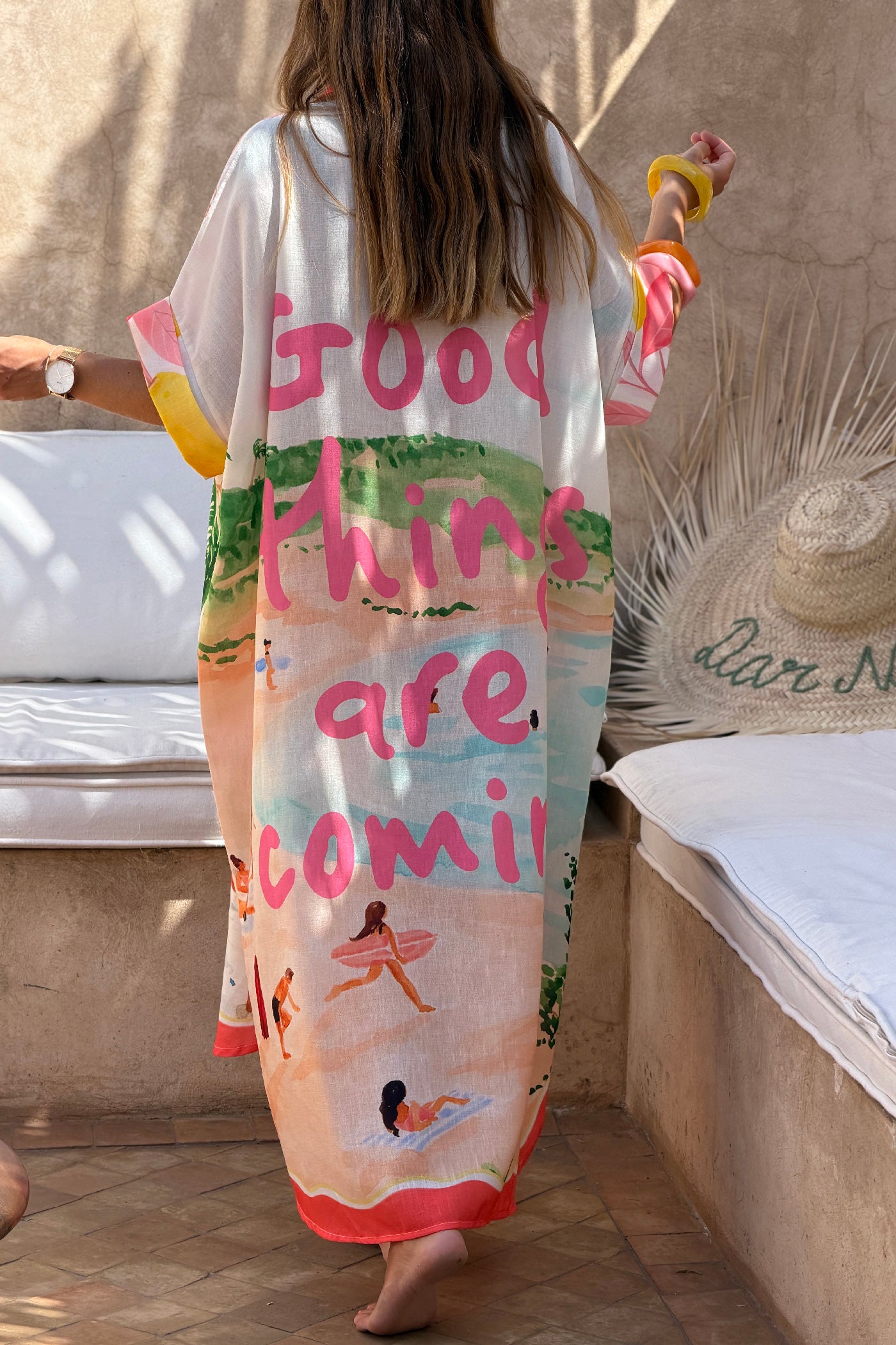 Robe chemise longue et large en coton imprime Vacances surfeurs et citrons
