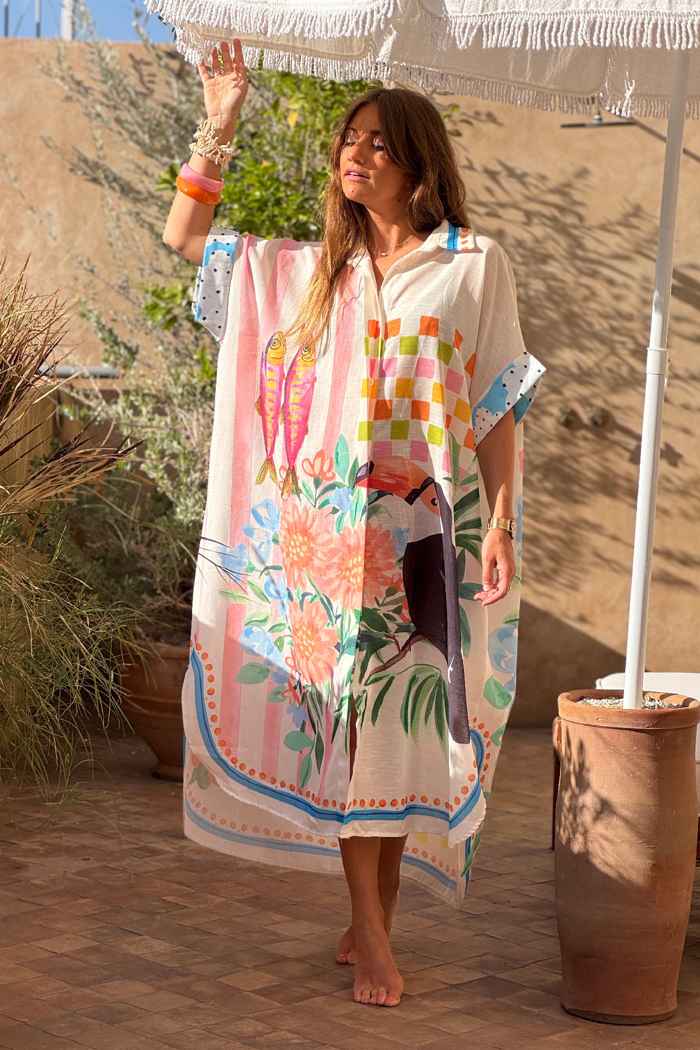 White Paradise Print Button-Down Caftan