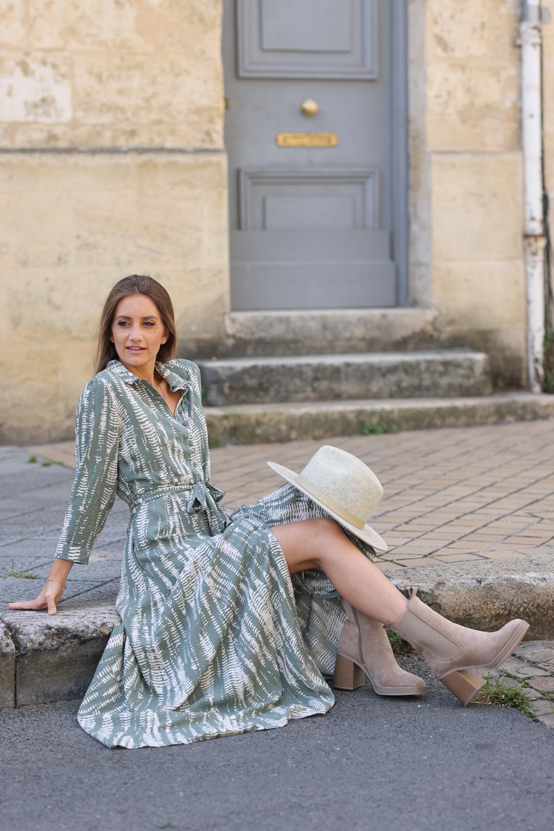 Khaki animal print belted maxi dress