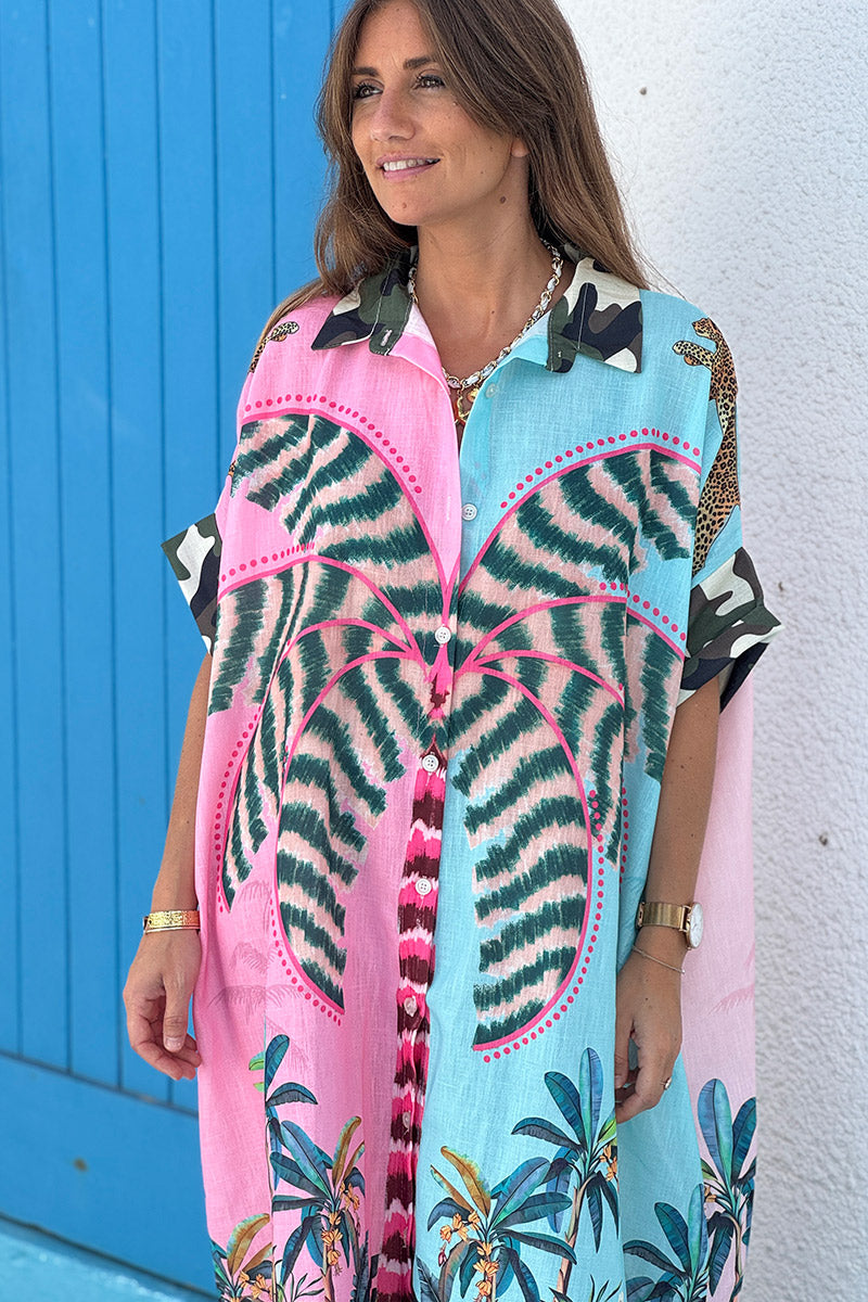 Pink Wild Palms Mixed Media Shirt Dress