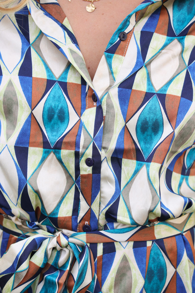 Robe chemise longue satinee imprime graphique ceinture tissu h175 (1)