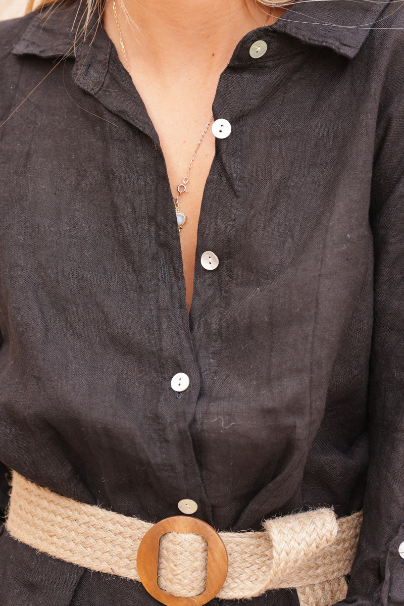 Black linen shirt dress with mother of pearl buttons and pockets