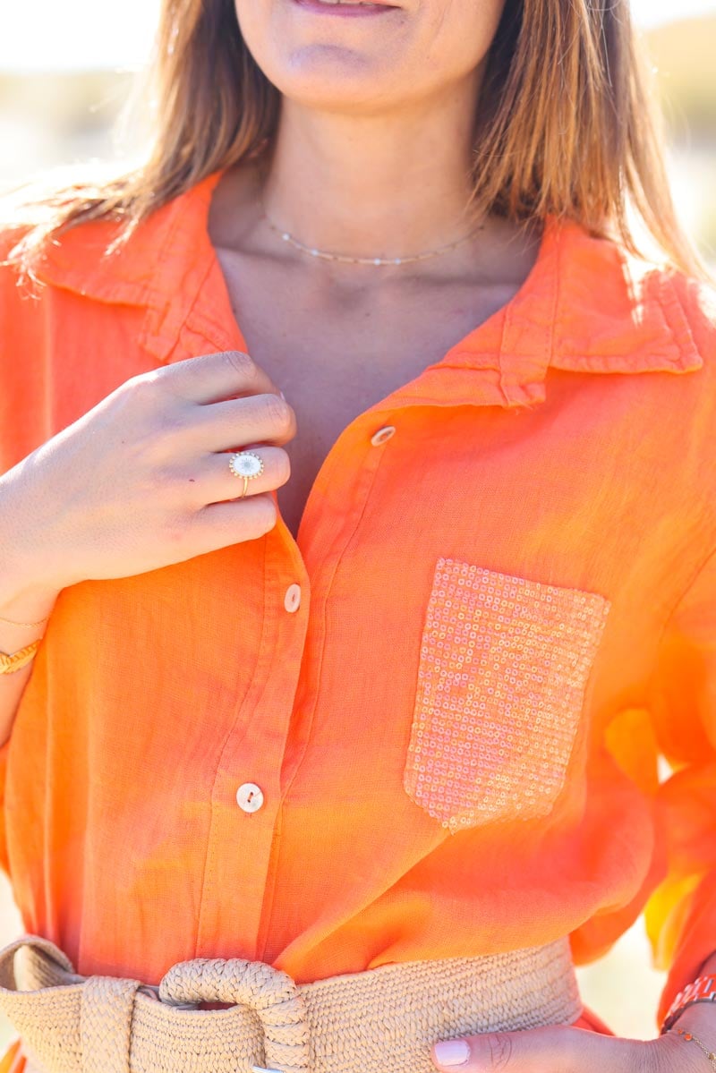 Robe chemise orange en lin boutonnee poche sequins g040 (1)