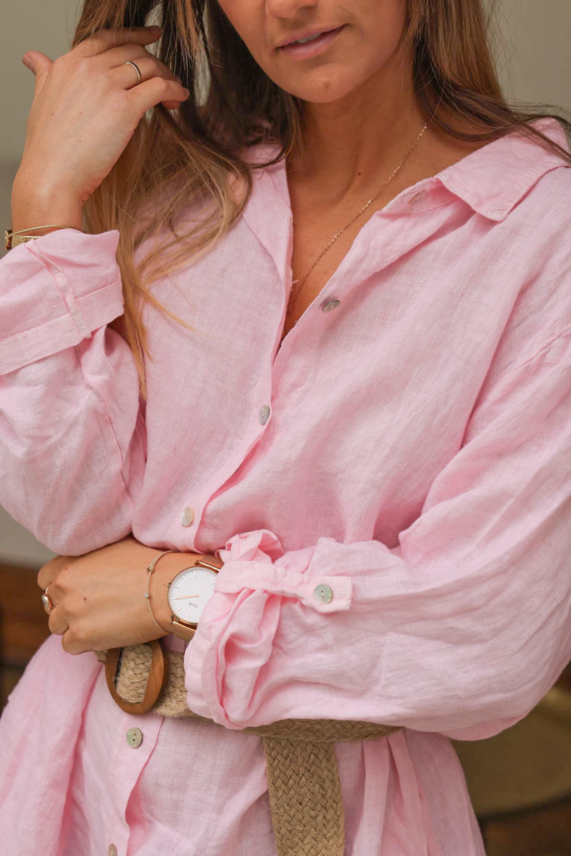 Pink linen shirt dress with mother of pearl buttons and pockets