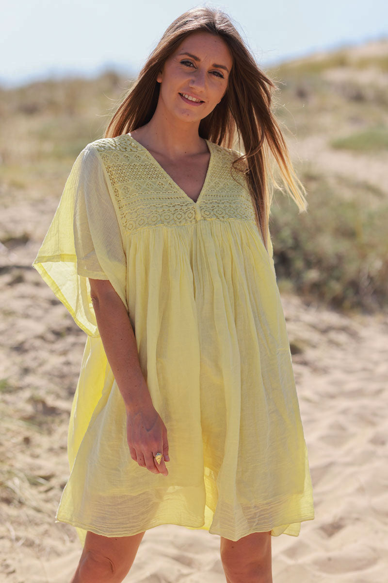 Pastel Yellow Floaty Cotton Dress with Lace Top