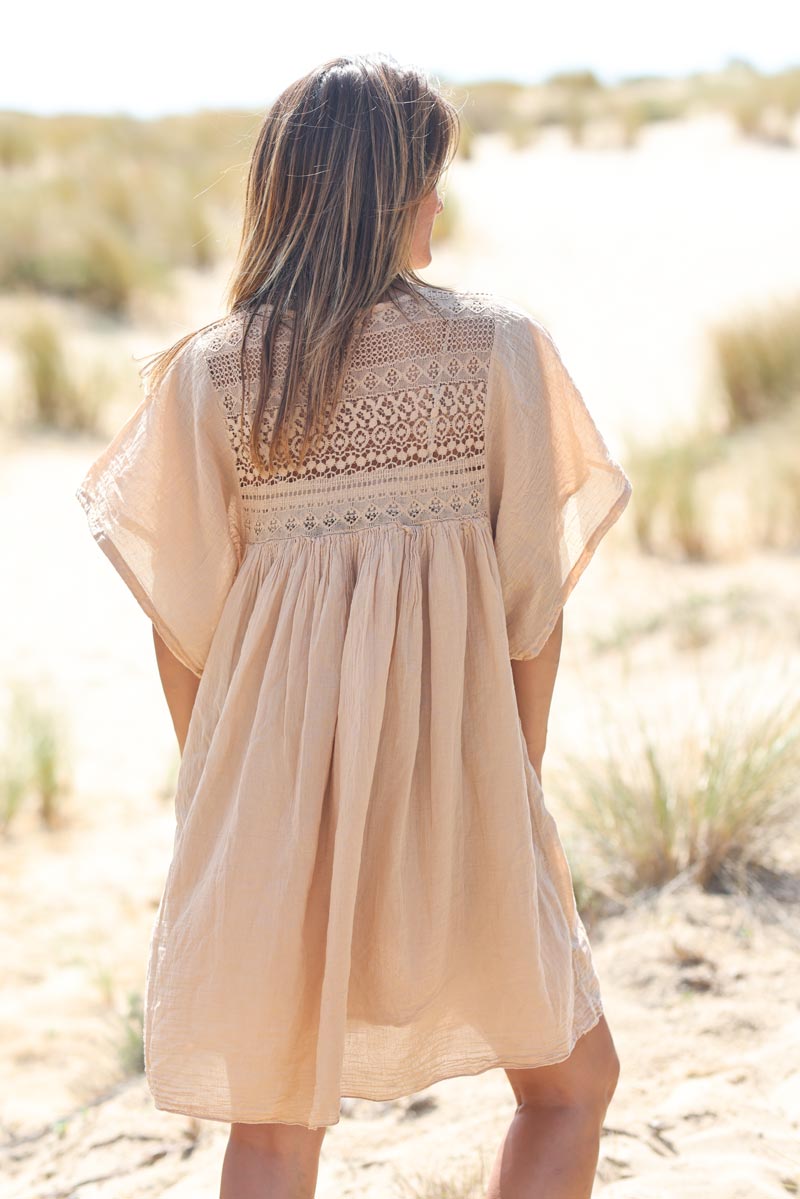 Ice brown floaty cotton dress with lace top