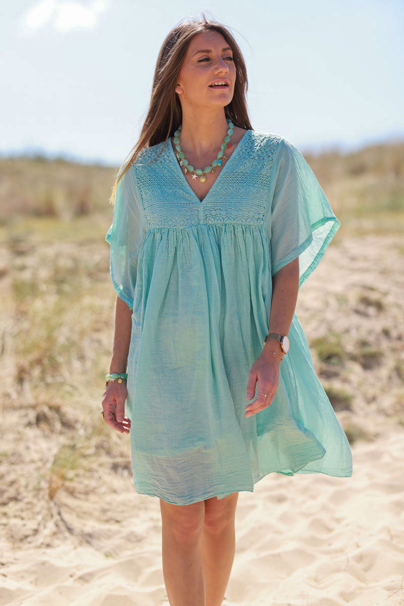 Robe vert d'eau légère voile de coton haut dentelle