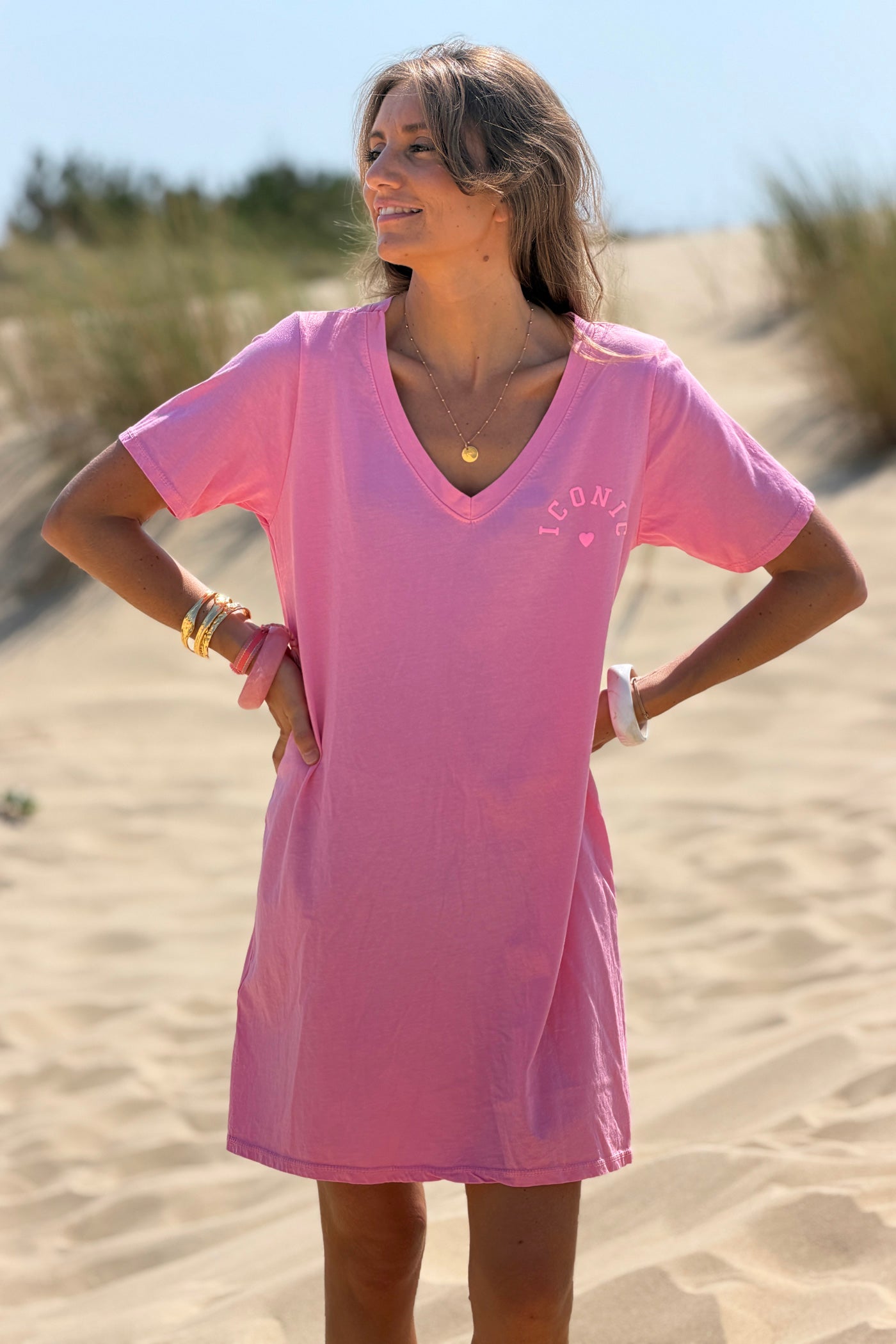 Robe courte rose en coton sérigraphie puff Iconic multicolore