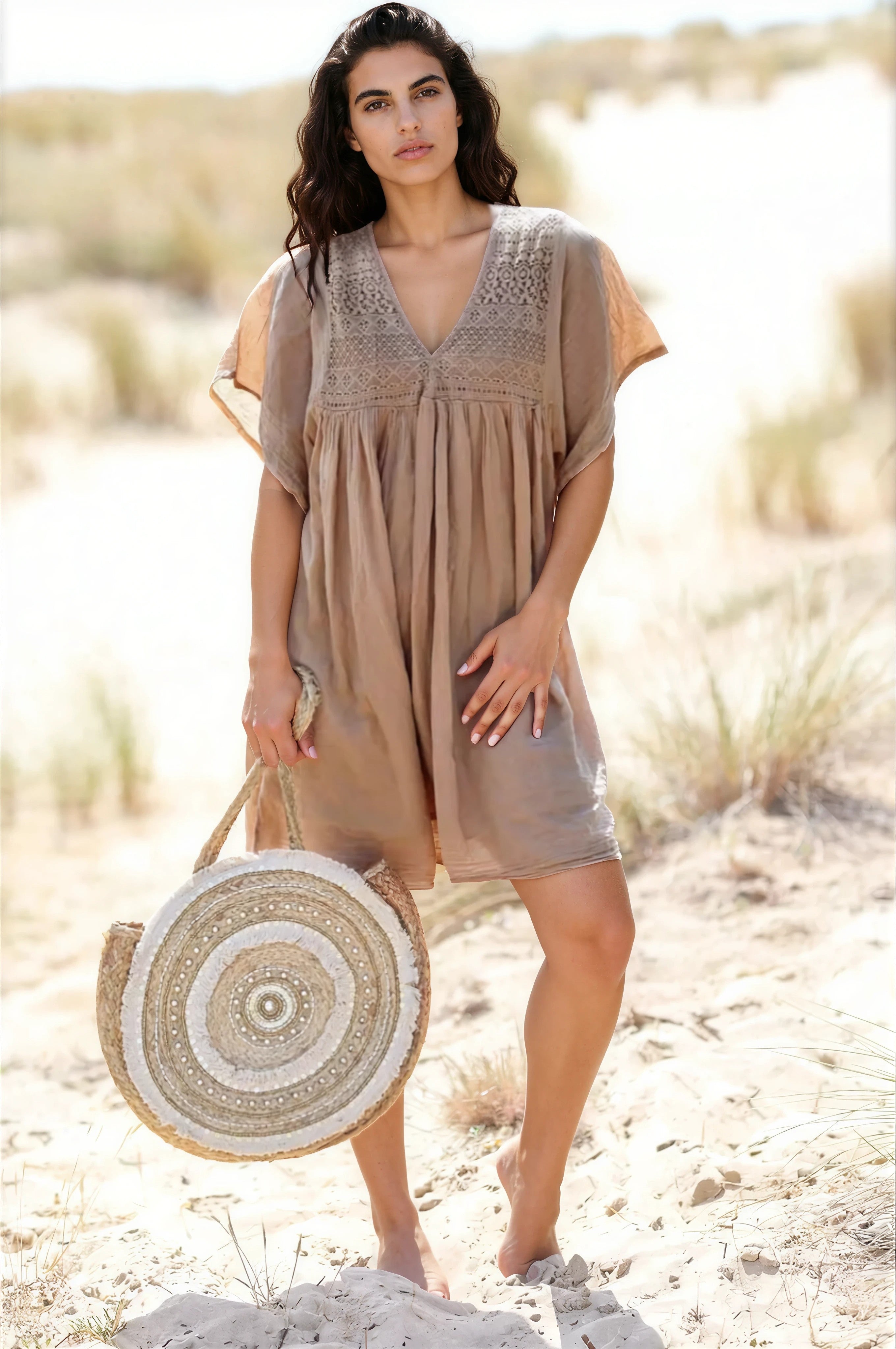 Camel Floaty Cotton Dress with Lace Top