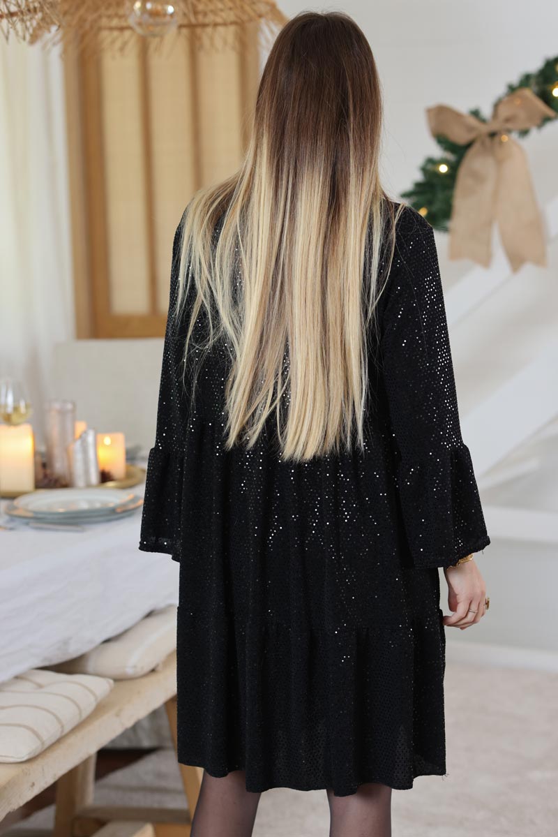 Robe de fêtes à paillettes noire col v et manches volants