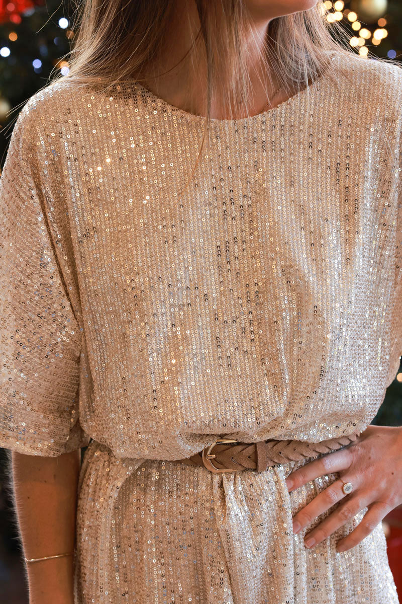 Gold Sequin Half-Sleeve Shirt Dress