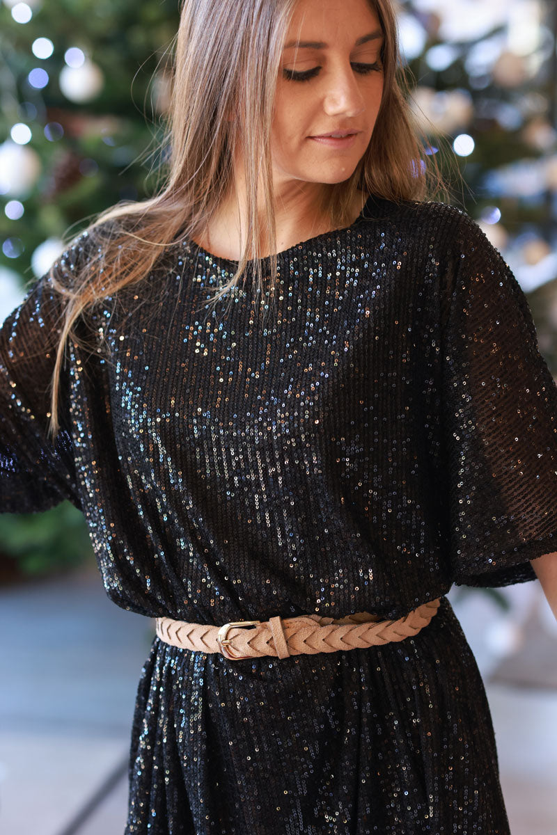 Black Sequin Half-Sleeve Shirt Dress