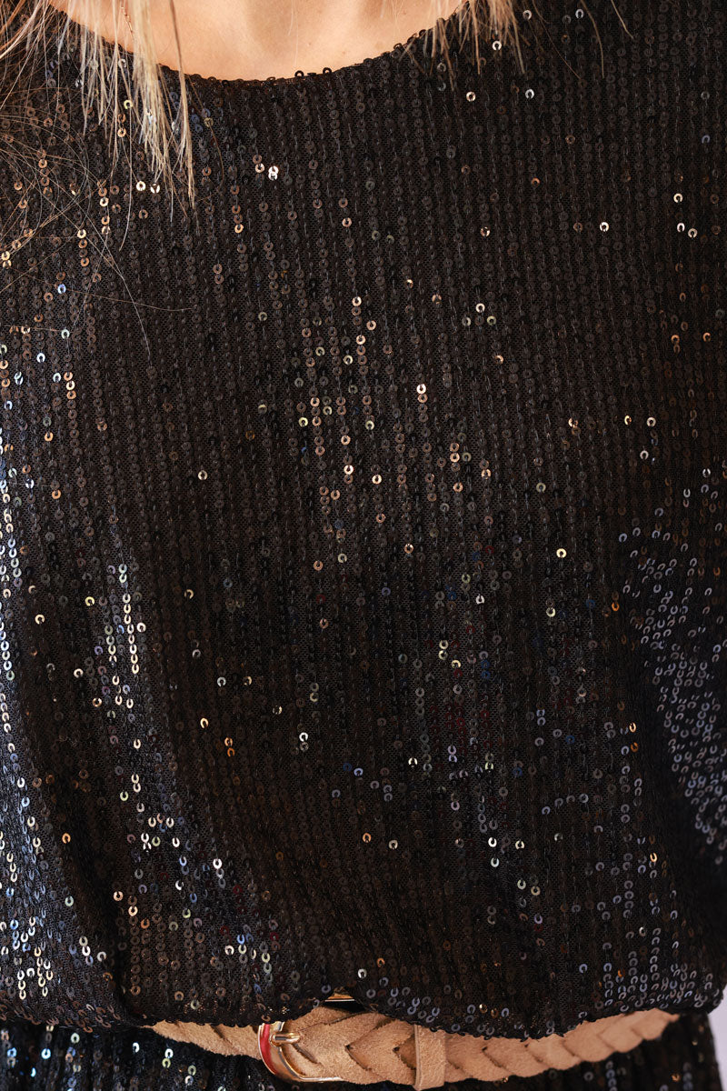 Black Sequin Half-Sleeve Shirt Dress