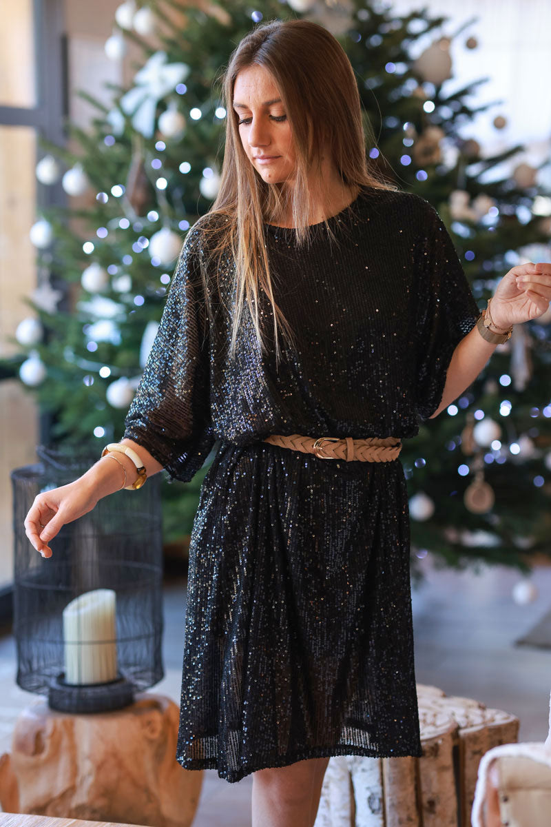 Black Sequin Half-Sleeve Shirt Dress