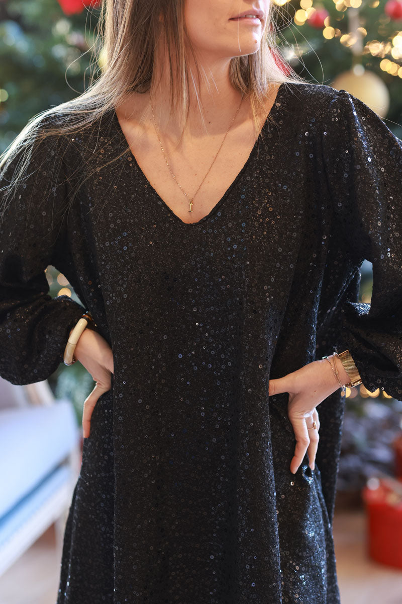 Black Sequined Long-Sleeve Tunic Dress