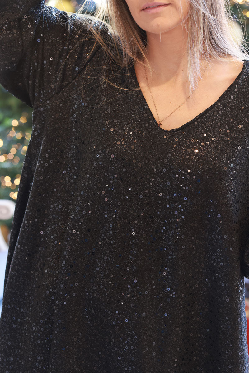 Black Sequined Long-Sleeve Tunic Dress