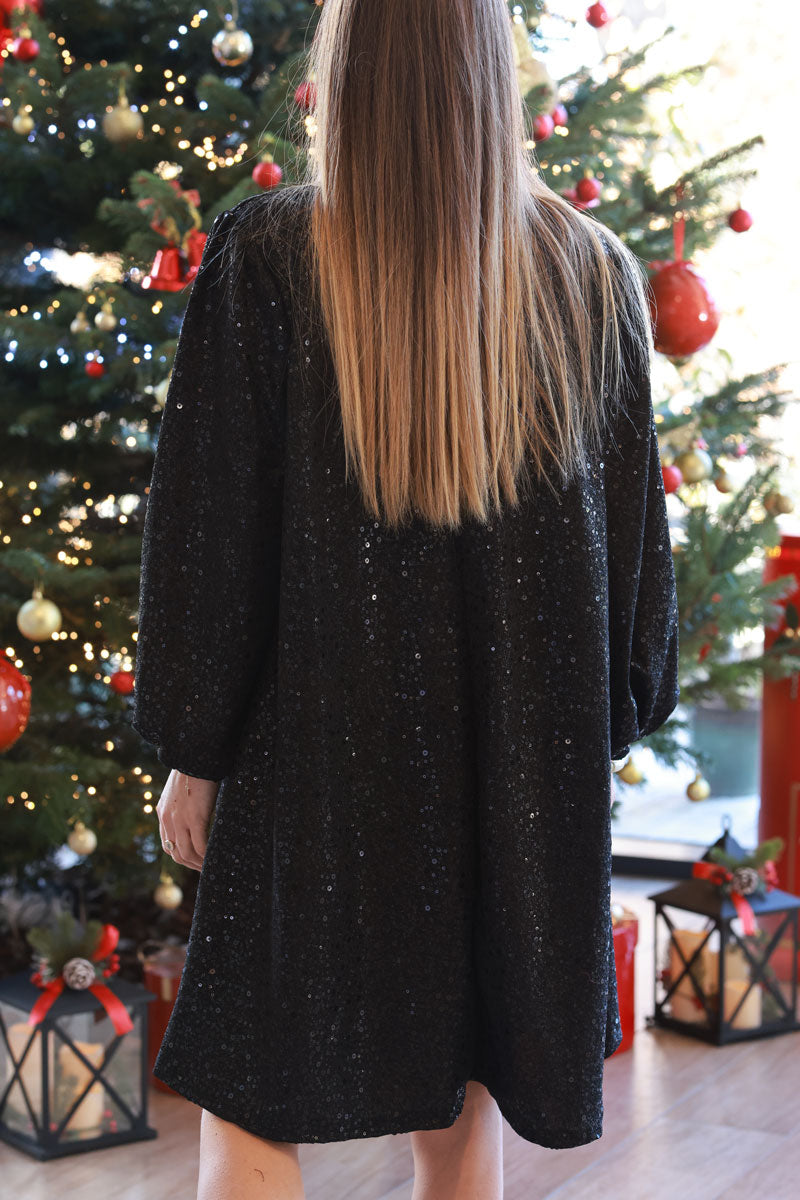 Black Sequined Long-Sleeve Tunic Dress