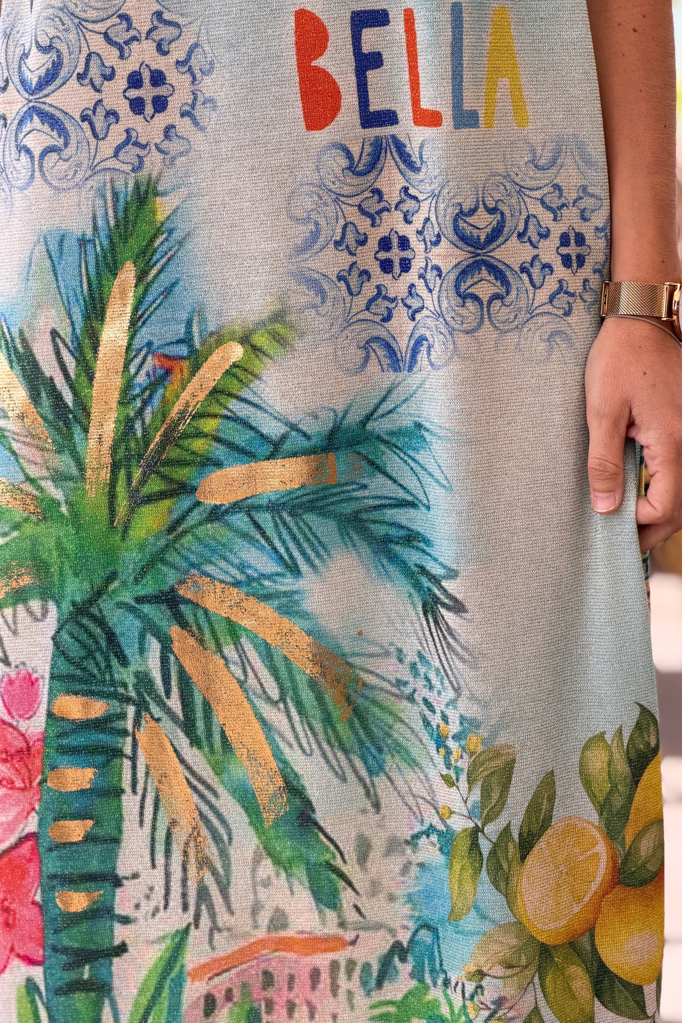 Blue “CIAO BELLA” Lemon Coast Glitter Knit Maxi Dress
