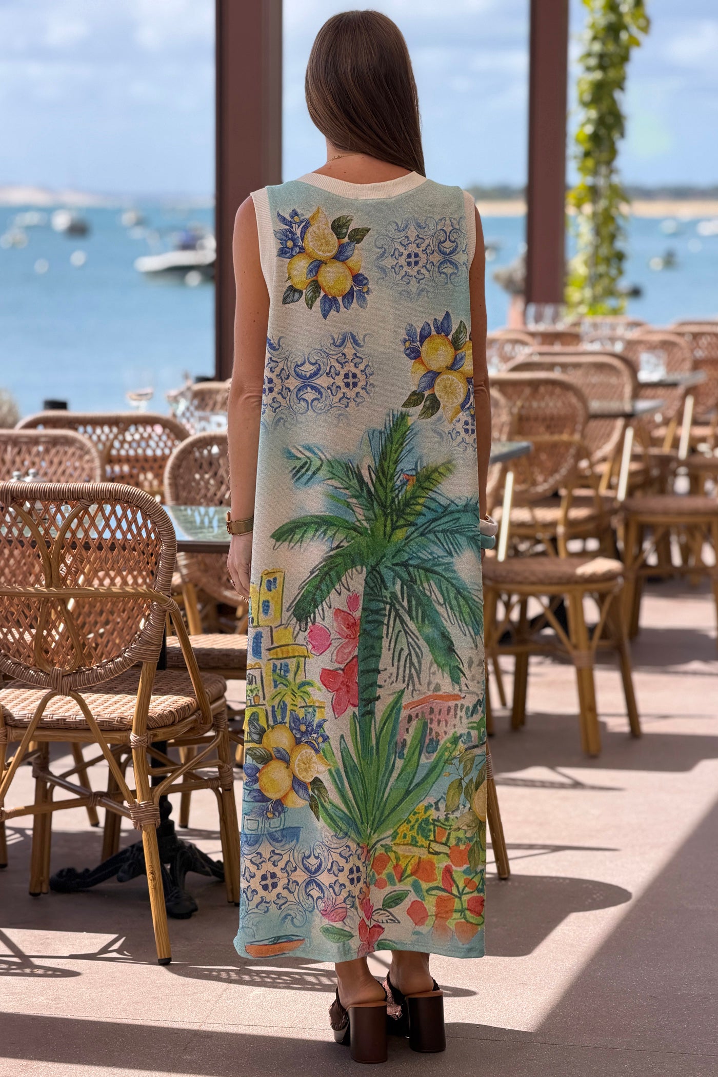 Blue “CIAO BELLA” Lemon Coast Glitter Knit Maxi Dress
