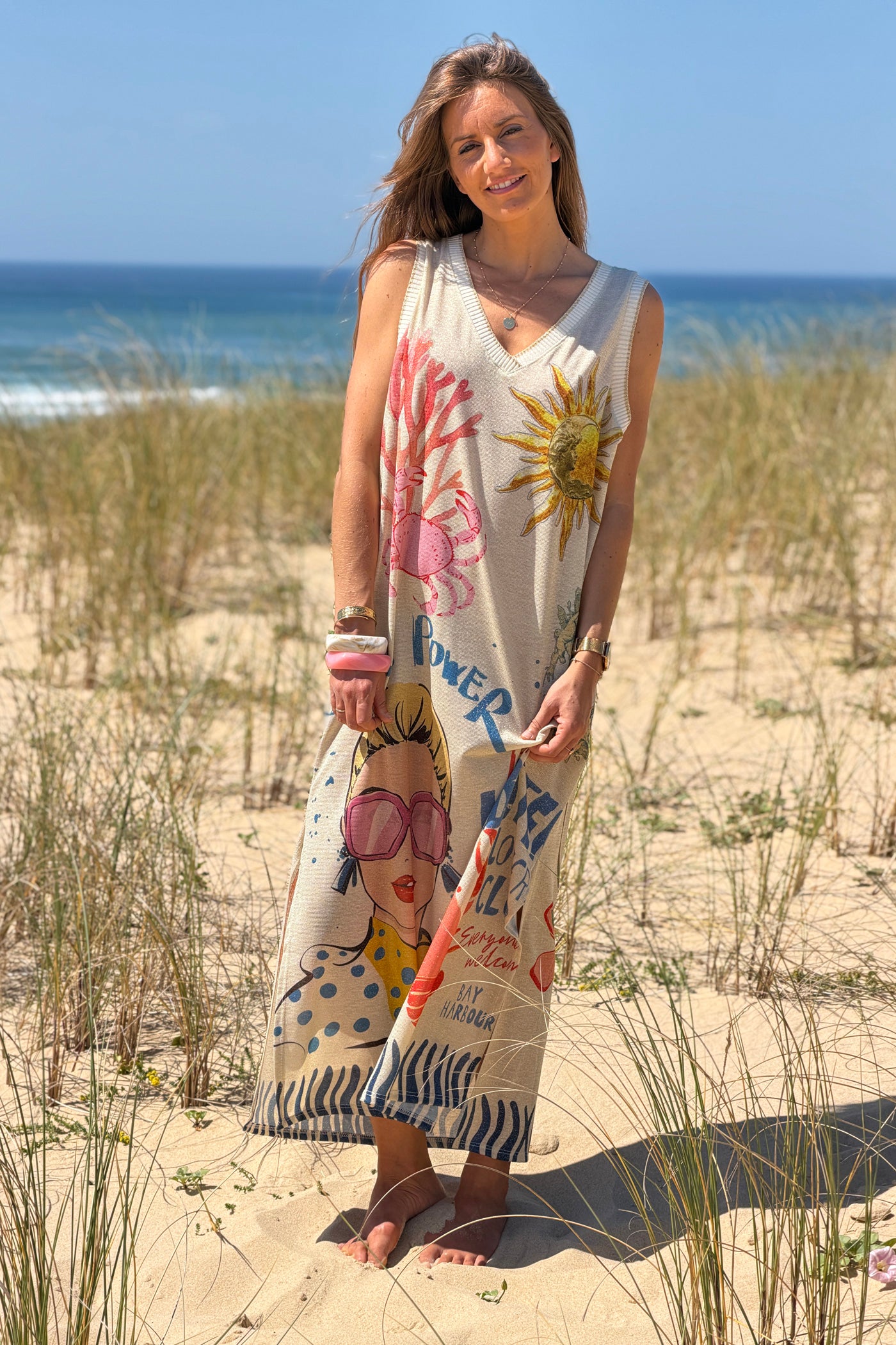 Robe débardeur brillante lurex beige imprimé Girl Power homard et crabe