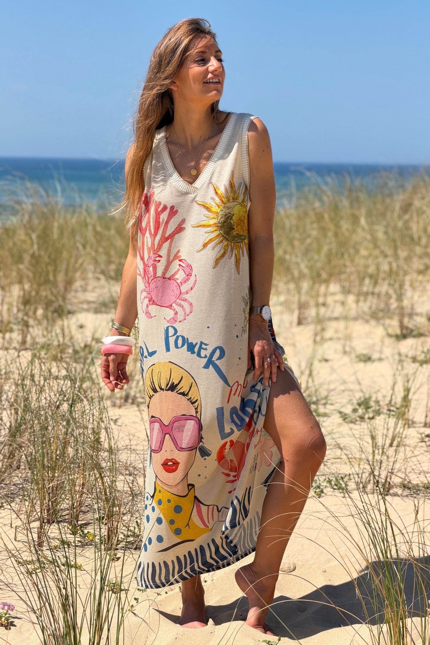 Robe débardeur brillante lurex beige imprimé Girl Power homard et crabe