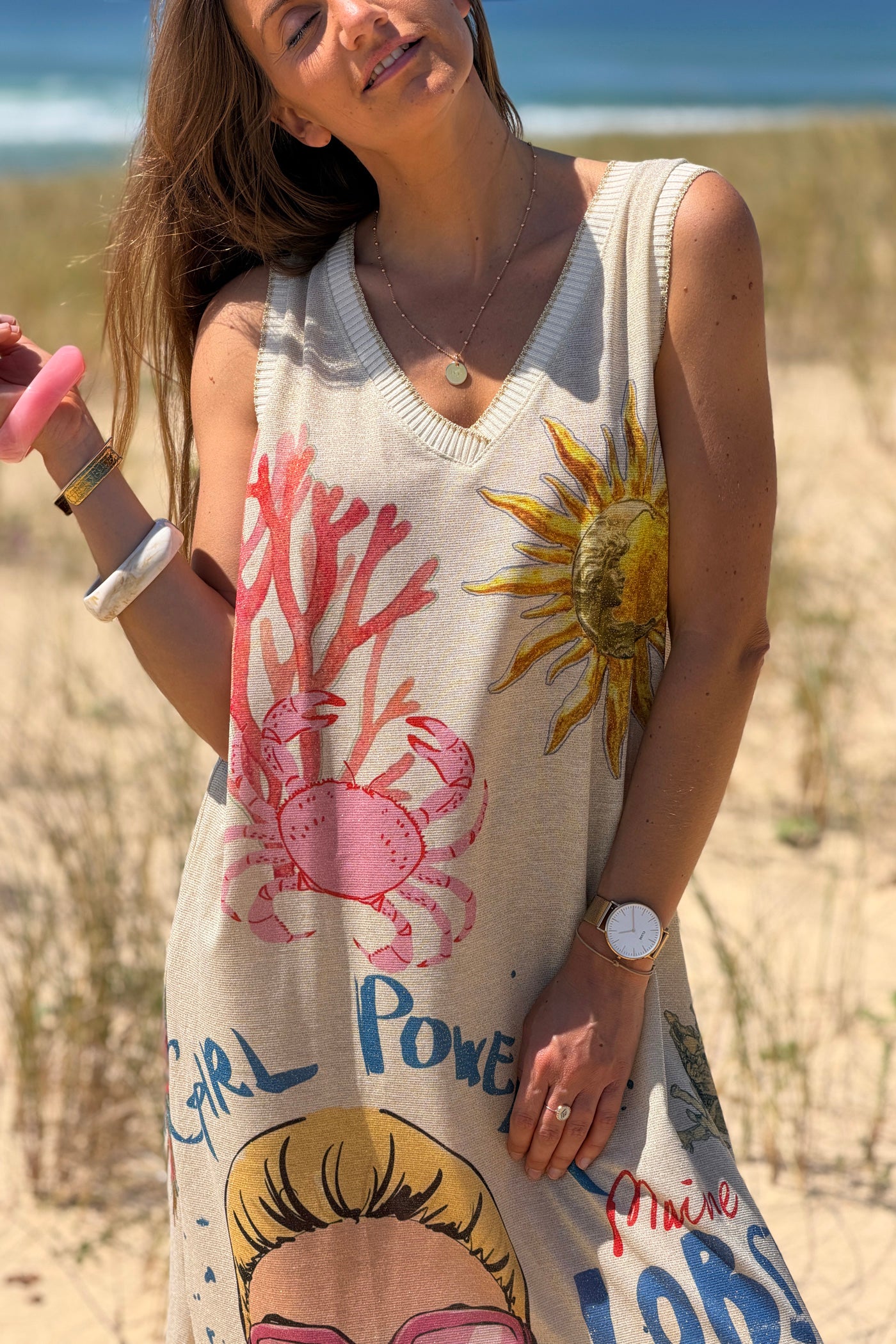 Robe débardeur brillante lurex beige imprimé Girl Power homard et crabe
