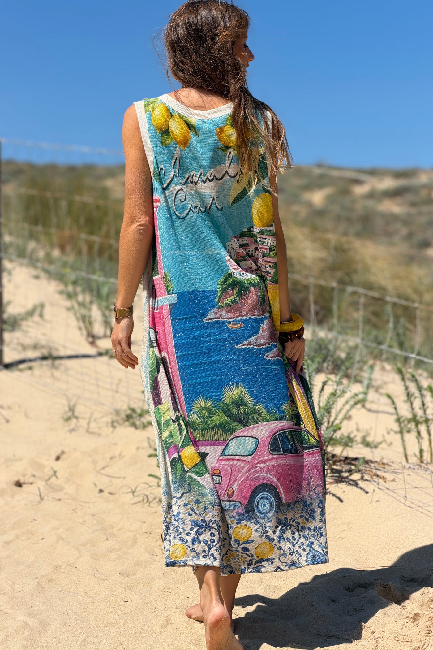 Blue Stripe “La Dolce Vita” Sleeveless Glitter Knit Maxi Dress
