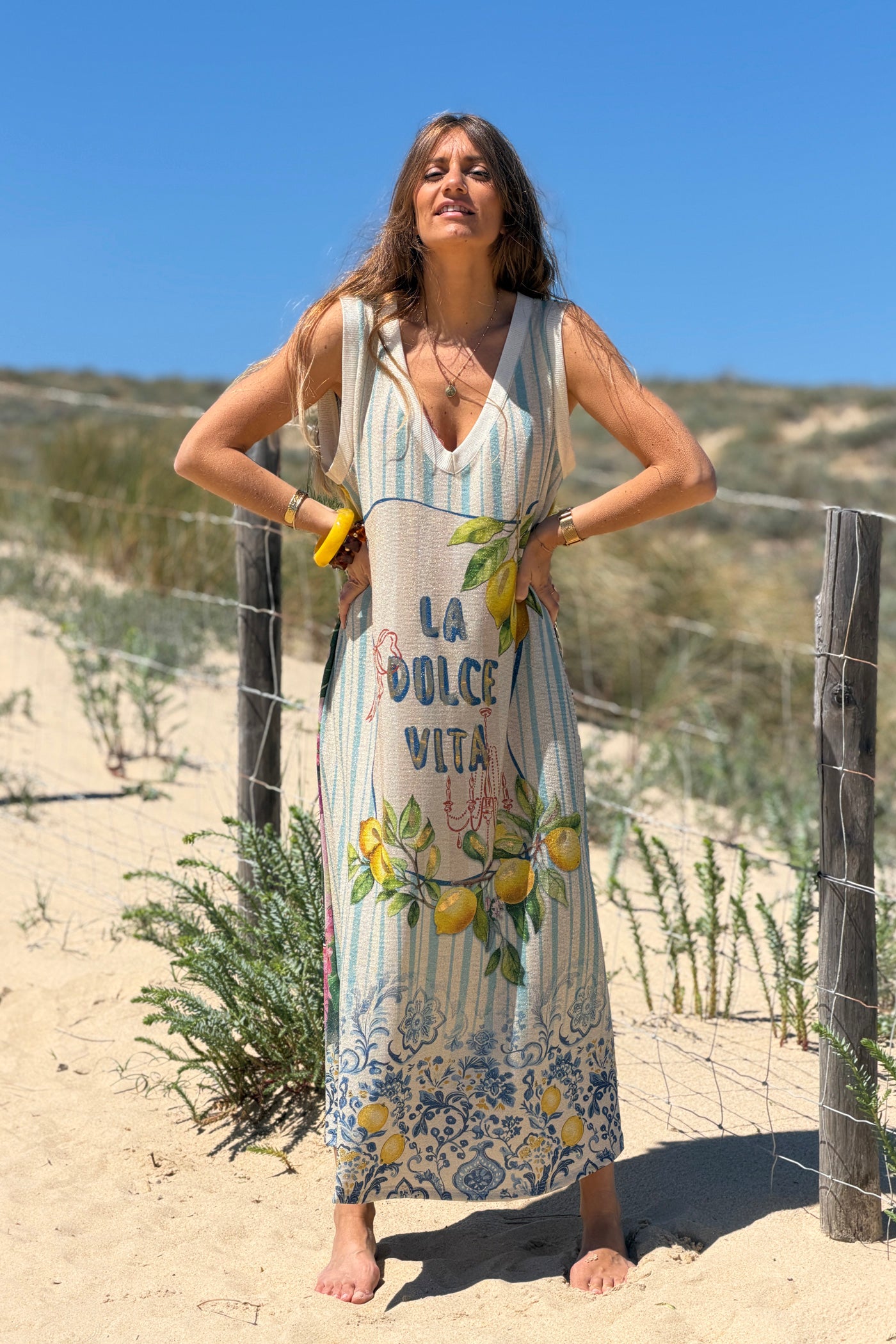 Blue Stripe “La Dolce Vita” Sleeveless Glitter Knit Maxi Dress