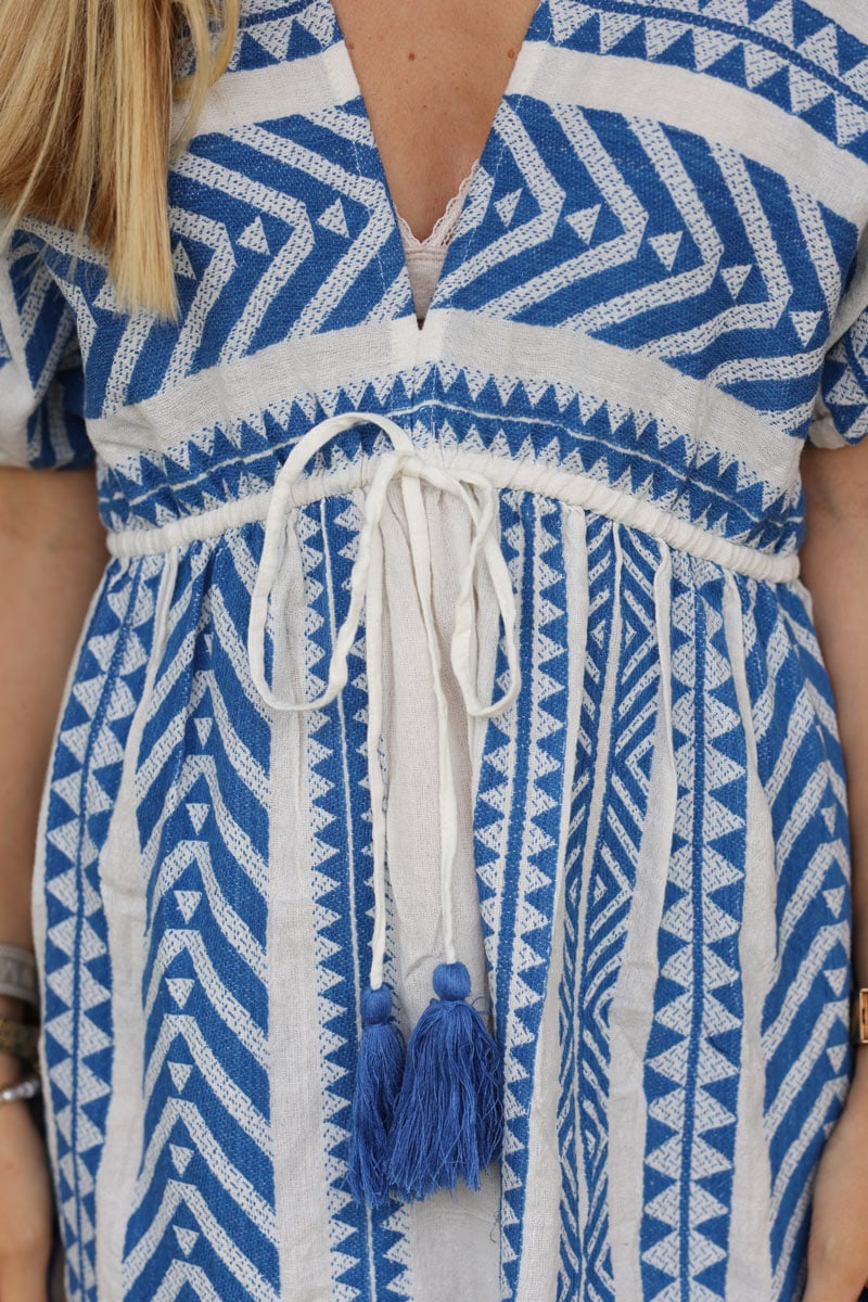 Robe dos nu en coton effet pique motifs azteques bleu roi h125 (1)