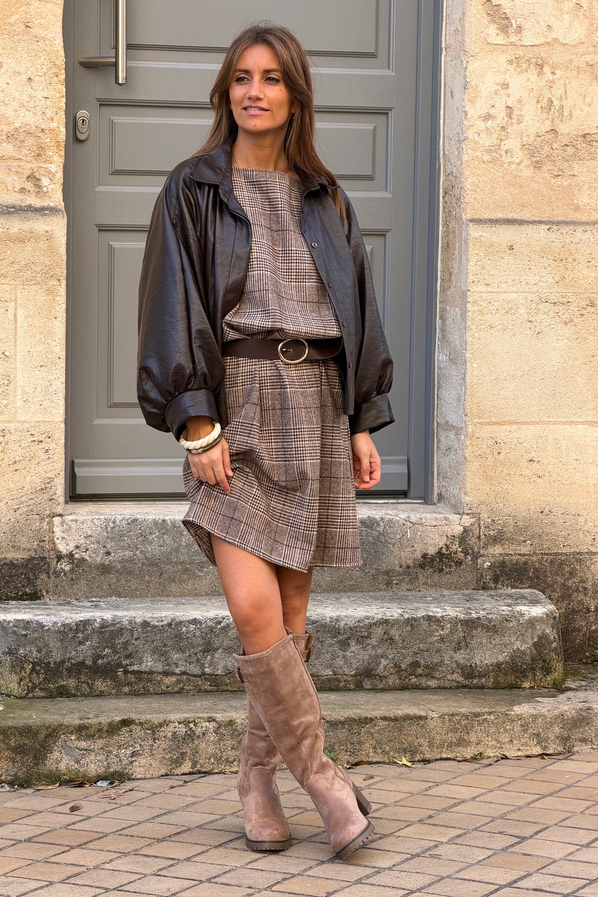 Brown Houndstooth Dolman Sleeve Dress with Belt
