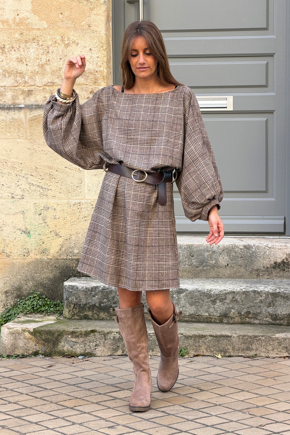 Brown Houndstooth Dolman Sleeve Dress with Belt
