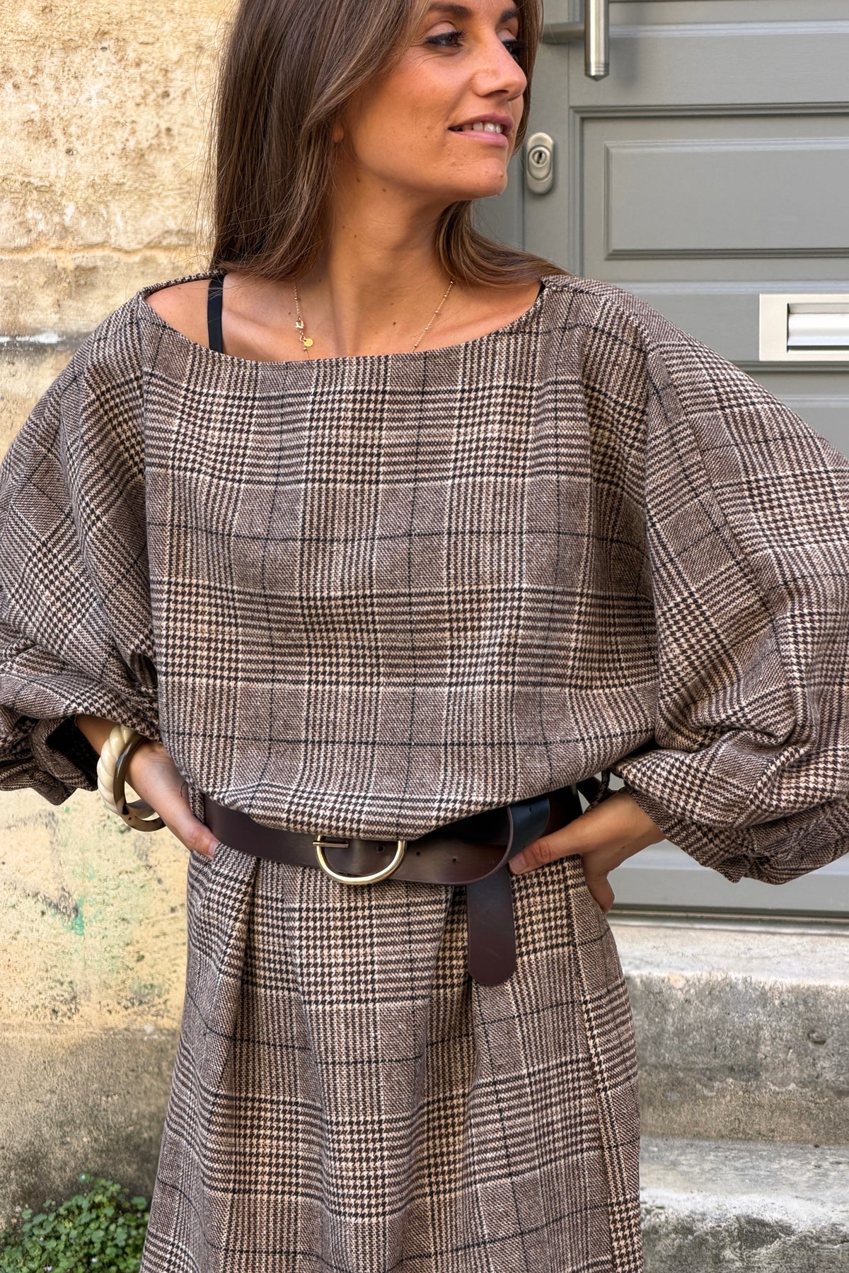 Brown Houndstooth Dolman Sleeve Dress with Belt
