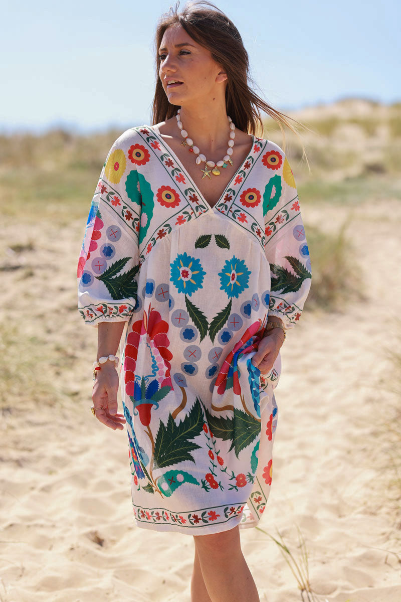 Robe écrue effet piqué imprimé fleurs colorées