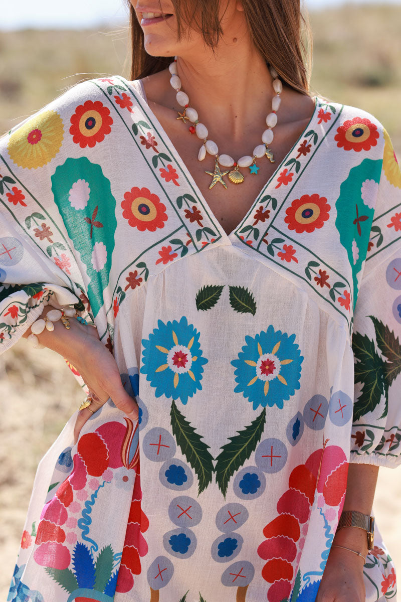 Robe écrue effet piqué imprimé fleurs colorées