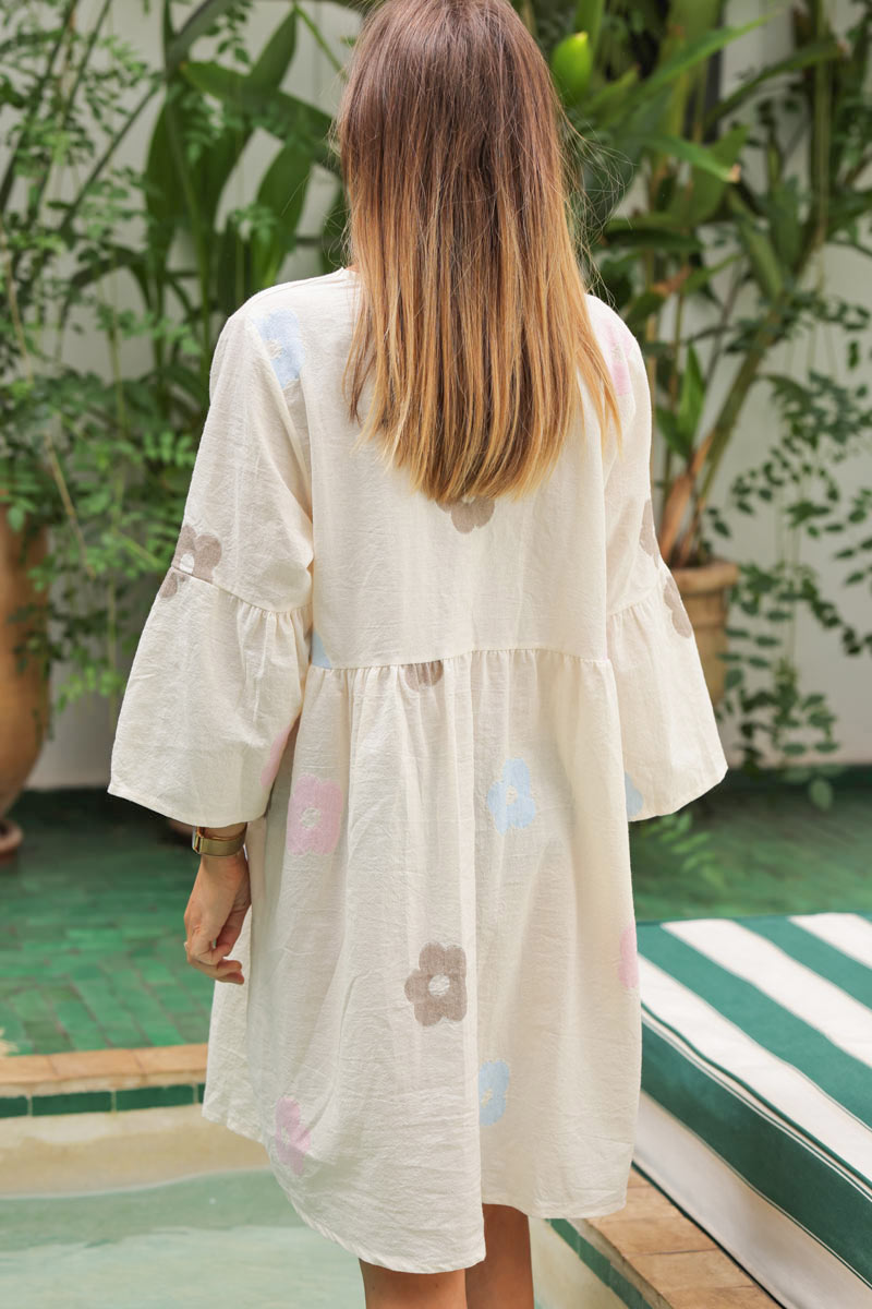 Ecru cotton dress flute sleeve with pastel flower embroidery