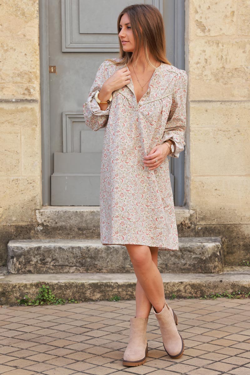 Robe écrue en coton imprimé liberty cachemire pastel col boutons