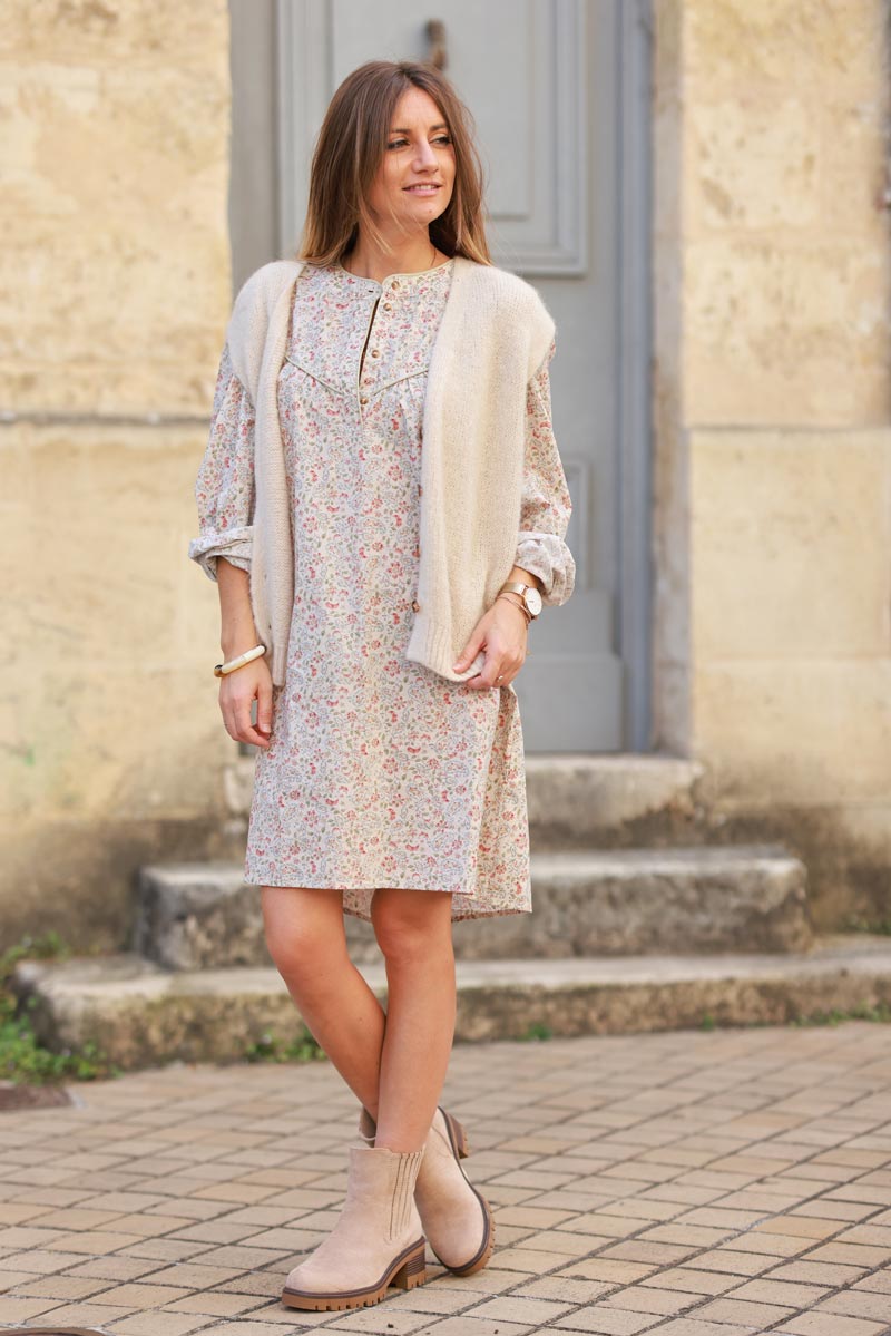 Robe écrue en coton imprimé liberty cachemire pastel col boutons