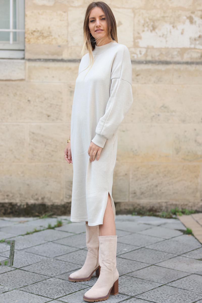 Ecru jumper dress with funnel neck