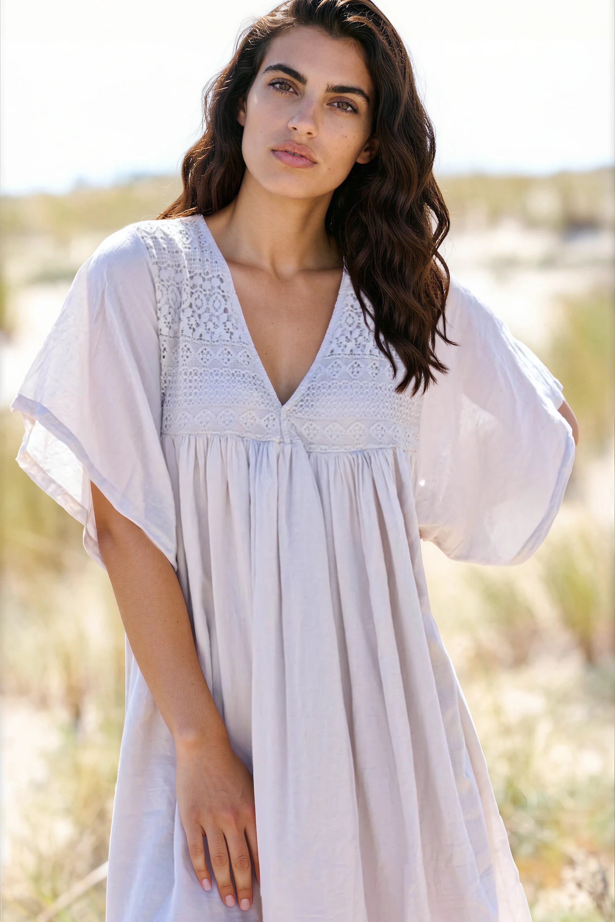 Beige Floaty Cotton Dress with Lace Top