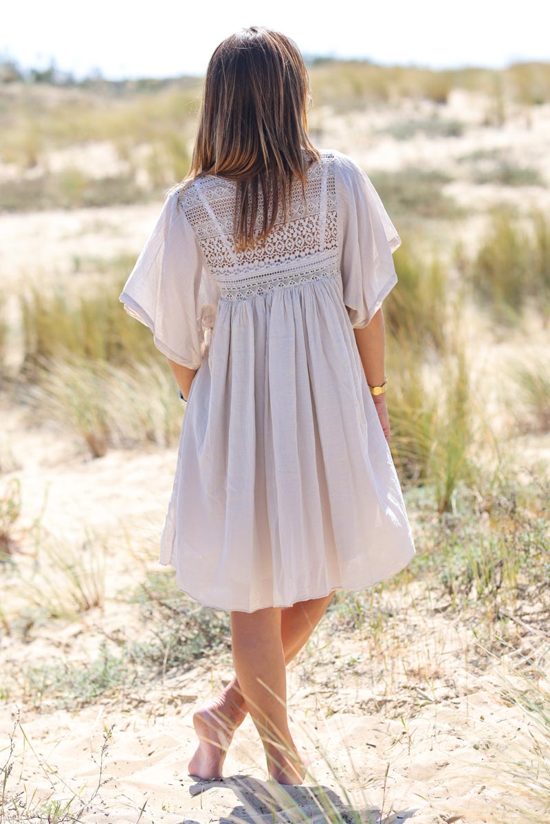 Beige floaty cotton dress with lace top