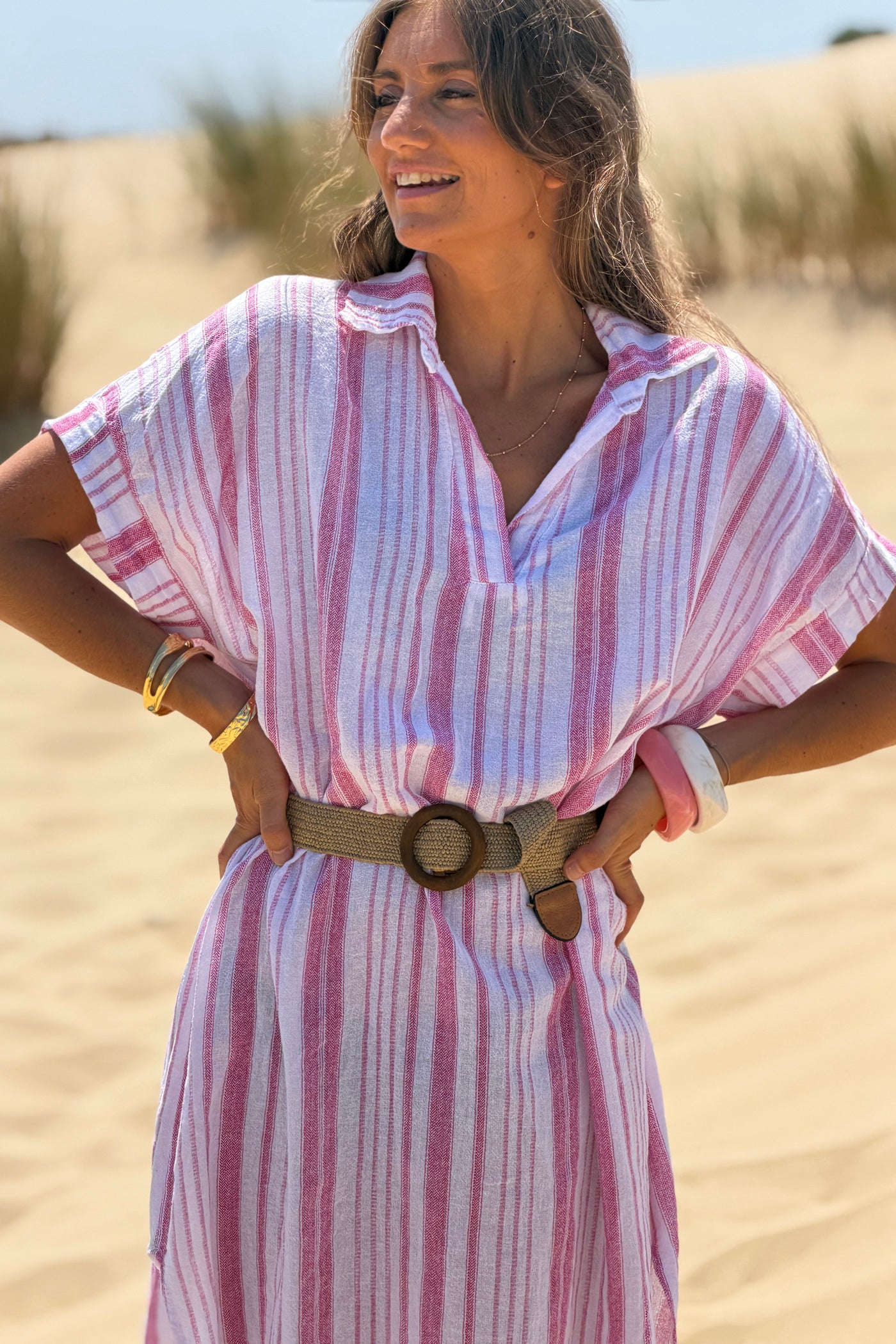 Robe en coton motif rayures roses effet pique col v