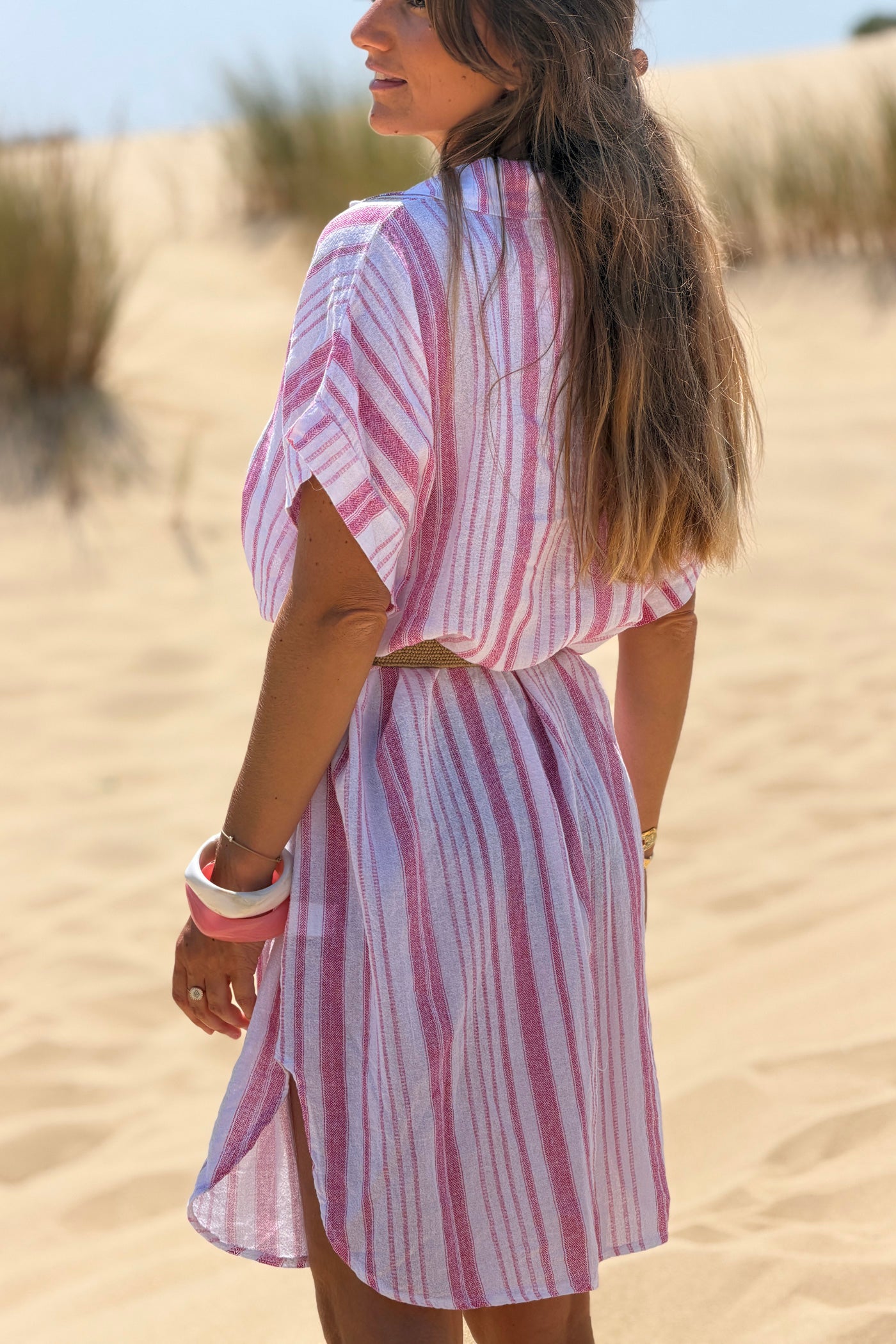 Robe en coton motif rayures roses effet pique col v