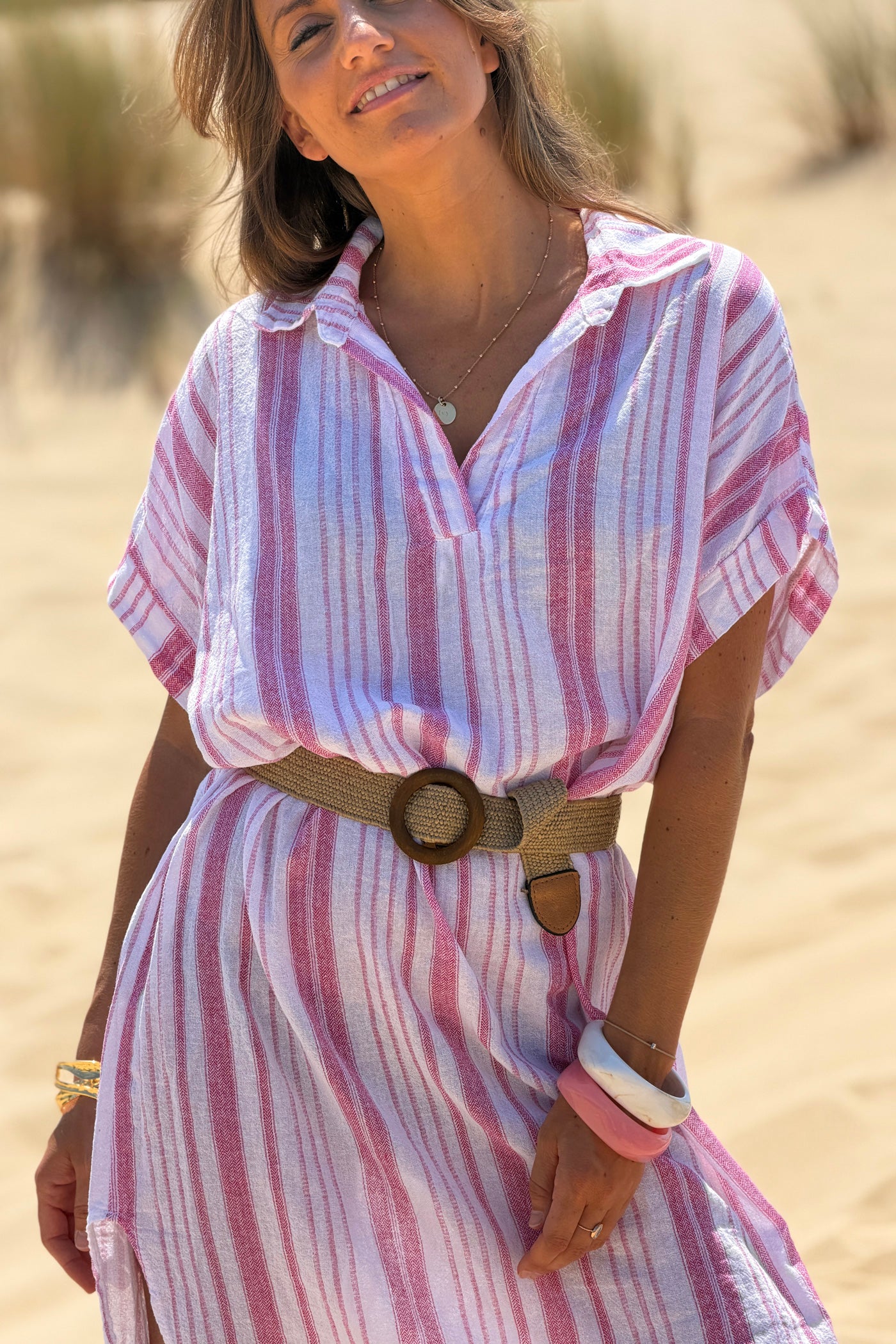 Robe en coton motif rayures roses effet pique col v